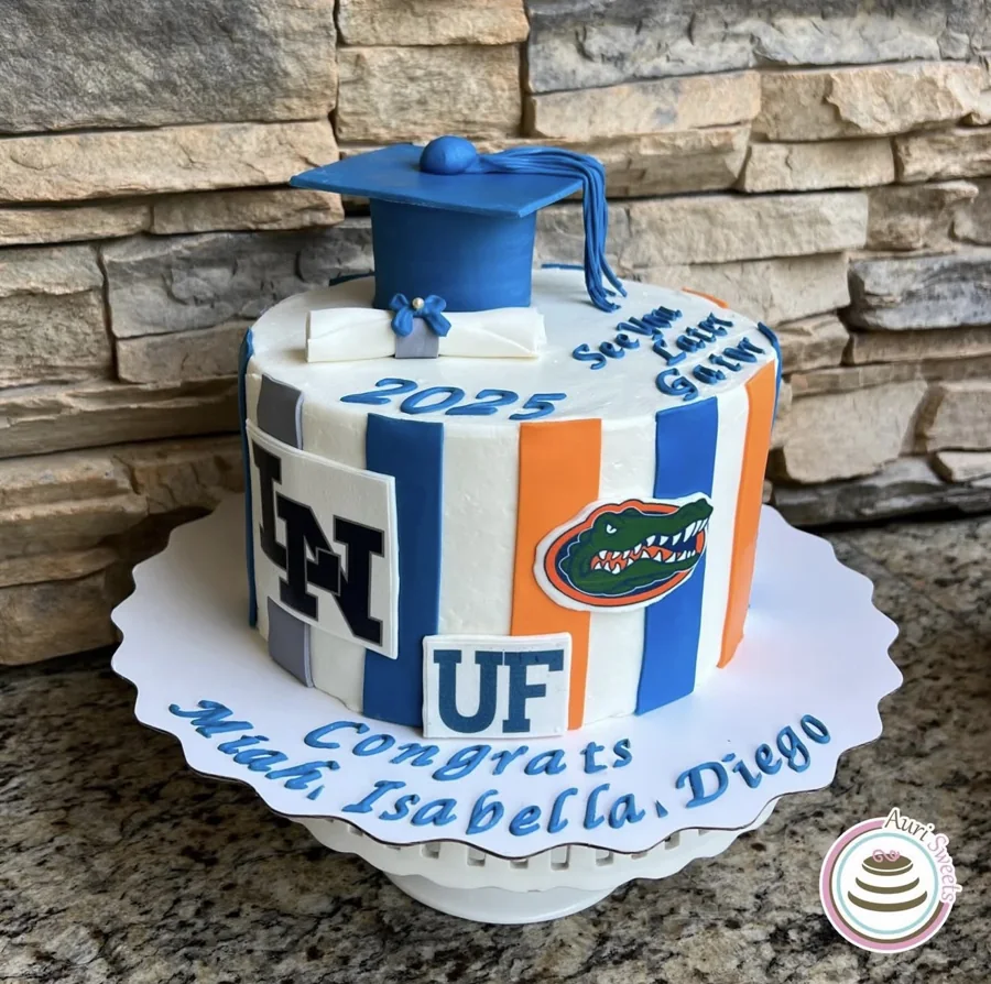 Blue and orange graduation cake with a cap and diploma